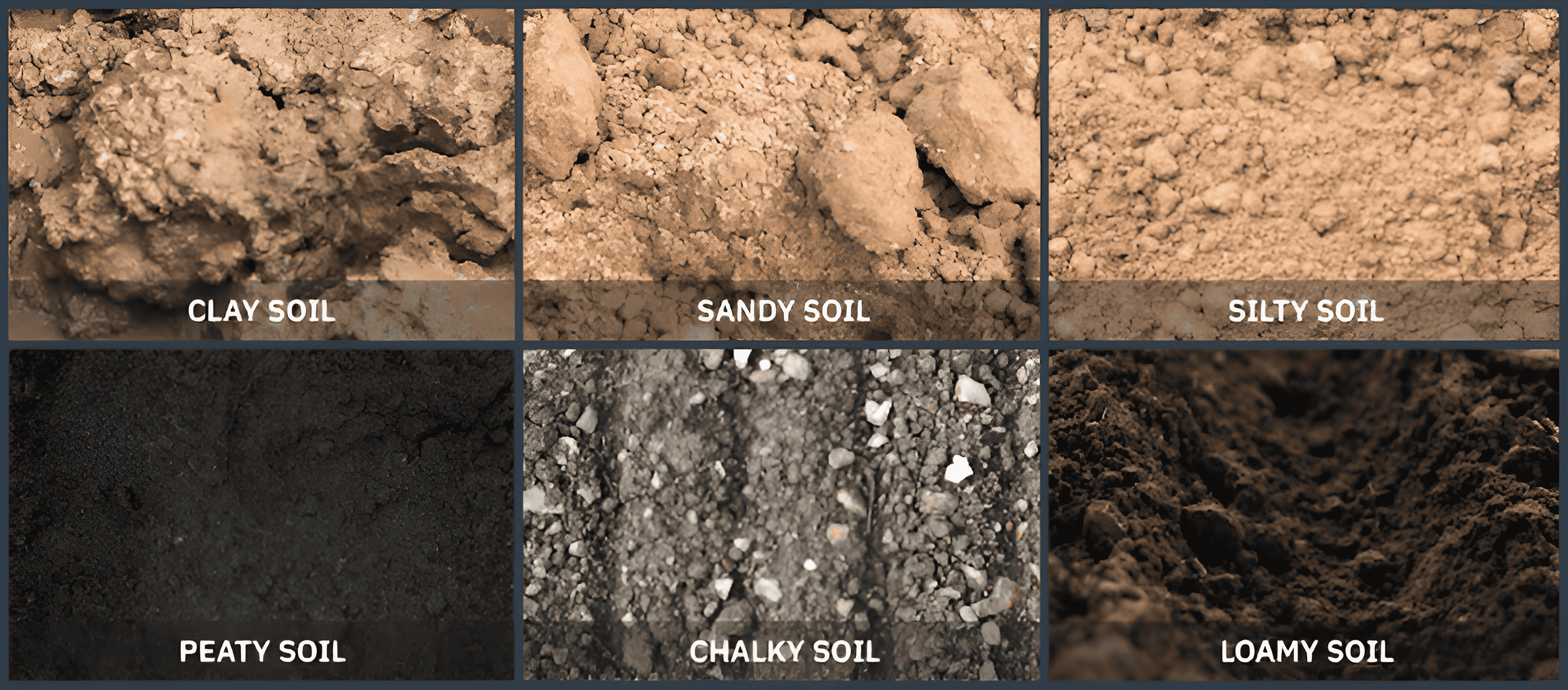 soil types, clay soil, peat soil, chalk soil, sandy soil, loam soils, silt soil, rocky soil and gravel soil